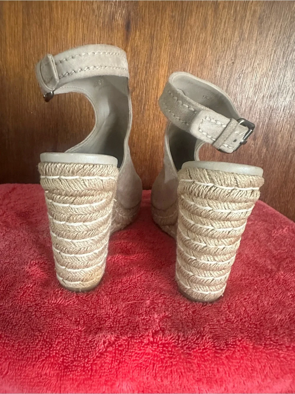 Prada Taupe Suede Open-Toe Espadrille Wedge Sandals